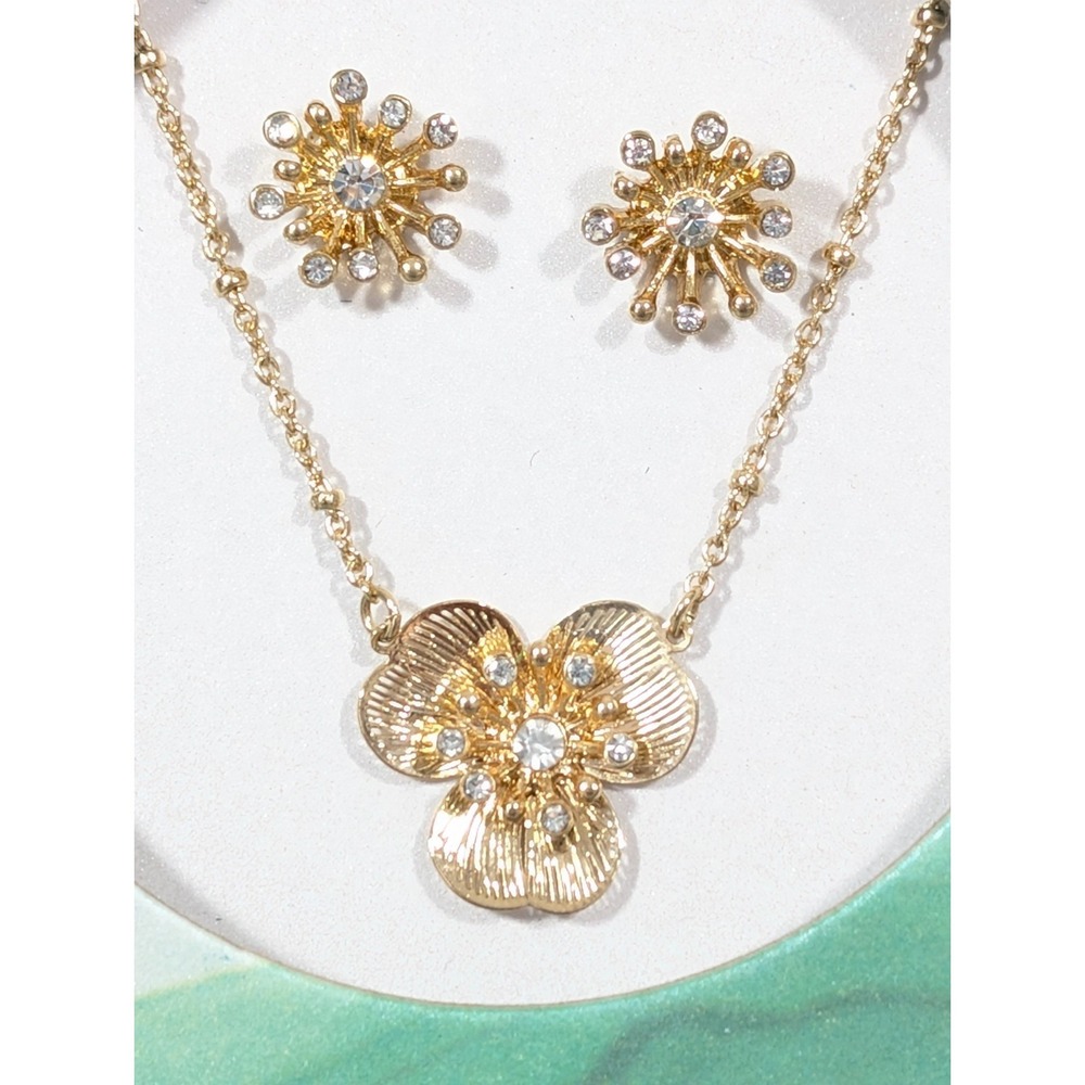 Lonna & Lilly Necklace Earring Set Gold Tone Flower‎ Rhinestone Boho - Picture 2 of 5